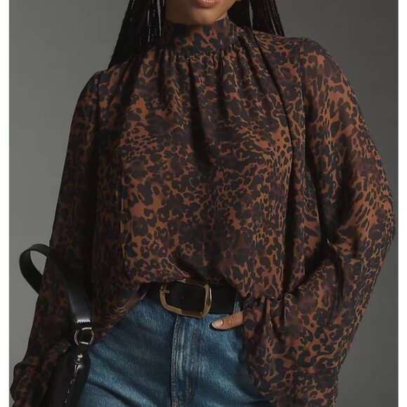 Maeve Anthropologie Animal Print Blouse Top Women's 1X Brown Black Flared Sleeve - Picture 1 of 16